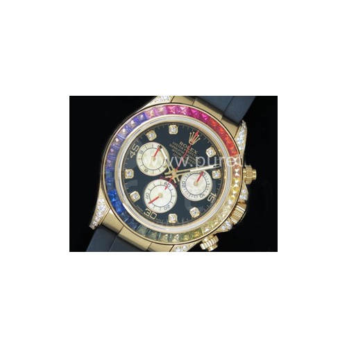 로렉스 데이토나 116589 옐로우골드 레인바우 크리스탈 베젤 블랙 다이얼 | Daytona 116589RBOW YG Rainbow Crystal BLF Best Edition Black Dial on Rubber Strap A4130