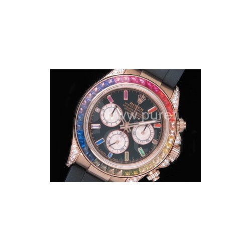 로렉스 데이토나 116598 로즈골드 레인바우 크리스탈 베젤 블랙 다이얼 | Daytona 116595RBOW RG Rainbow Crystal BLF Best Edition Black Dial on Rubber Strap A4130