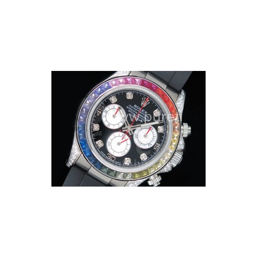 로렉스 데이토나 116599 레인바우 크리스탈 베젤 블랙 다이얼 | Daytona 116599RBOW SS Rainbow Crystal BLF Best Edition Black Dial on Rubber Strap A4130
