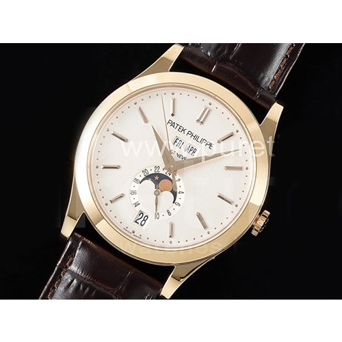 파텍필립 제네바 애뉴얼 칼렌더 문페이즈 로즈골드 화이트 다이얼 | Annual Calendar Moonphase 5396 RG ZF 1:1 Best Edition White Arabic Dial on Brown Leather Strap A324
