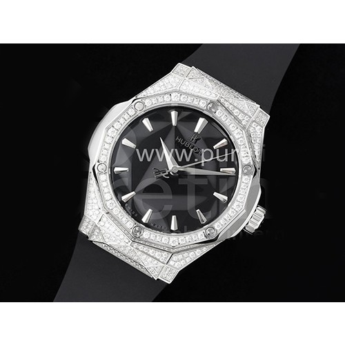 [홍콩명품시계.HUBLOT] 휴블럿 클래식퓨션 다이아몬드 베젤 블랙 다이얼, 무브타임,남자명품시계,워치,중년남자,SA,명품시계,고무밴드