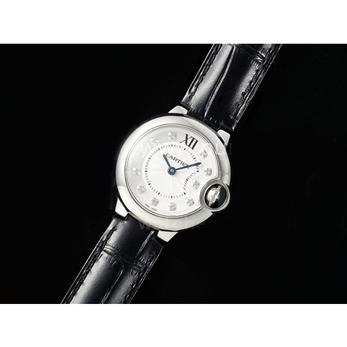 [홍콩명품시계.CARTIER] 까르띠에 발롱블루 여성용 28mm 화이트 다이아몬드 다이얼, 쿼츠버전, 블랙 가죽줄