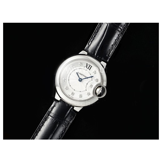[홍콩명품시계.CARTIER] 까르띠에 발롱블루 여성용 28mm 화이트 다이아몬드 다이얼, 쿼츠버전, 블랙 가죽줄