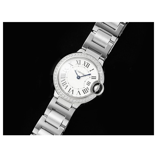 [홍콩명품시계.CARTIER] 까르띠에 발롱블루 여성용 28mm 스테인레스 스틸 다이아몬드 베젤 화이트 다이얼, 쿼츠버전, 메탈밴드