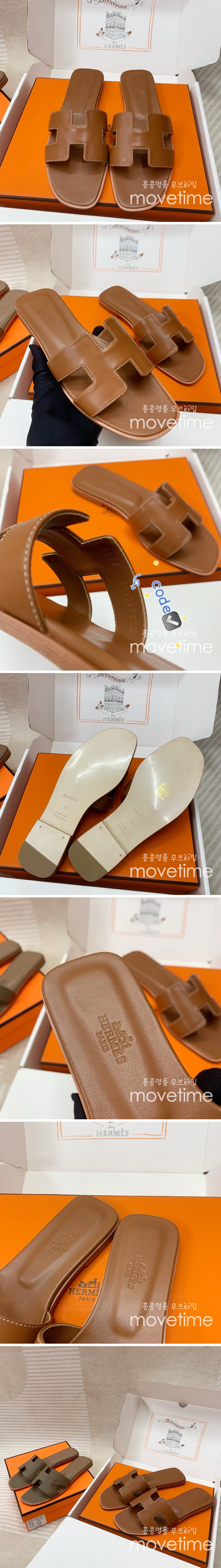 [홍콩명품.Hermes] 에르메스 24SS 로고 여성 산토리니 레더 가죽 샌들 슬리퍼 (브라운), SE3170, H3, 명품스니커즈,운동화,구두,로퍼,하이탑,신발