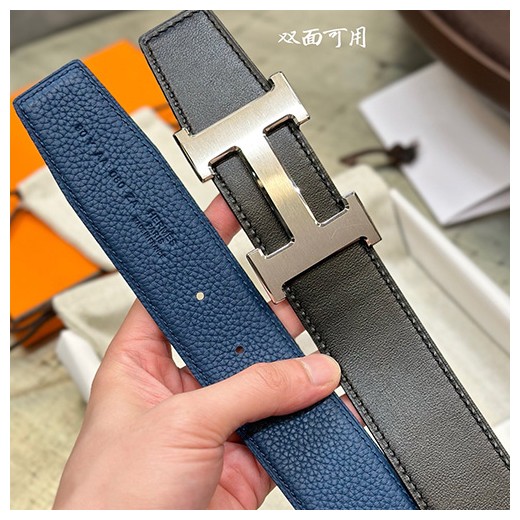 [홍콩명품.Hermes] 에르메스 24SS 은장 H로고 LEATHER STRAP 리버서블 레더 가죽 벨트 (블랙-블루), 3.8cm, BT1288, MR, 명품레플리카,인터넷쇼핑몰,남자명품,해외직구