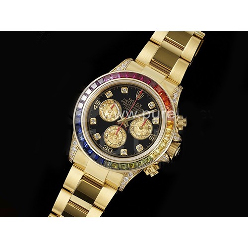 [홍콩명품시계.ROLEX] 로렉스 롤렉스 데이토나 옐로우골드 레인바우 다이아몬드 베젤 블랙 다이얼