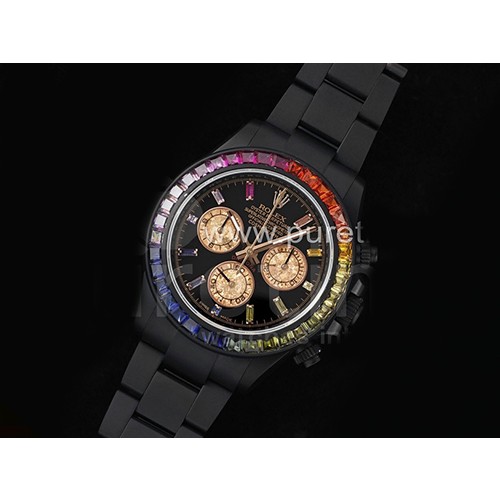 [홍콩명품시계.ROLEX] 로렉스 롤렉스 데이토나 PVD 레인바우 다이아몬드 베젤 블랙 다이얼, 메탈시계