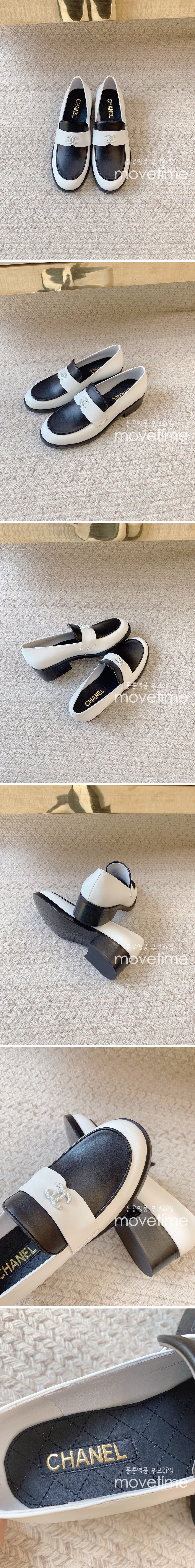 [홍콩명품.CHANEL] 샤넬 24SS 로고 여성 레더 가죽 굽 구두 로퍼 (화이트-블랙), SE4119, ALW, 명품스니커즈,운동화,구두,로퍼,하이탑,신발