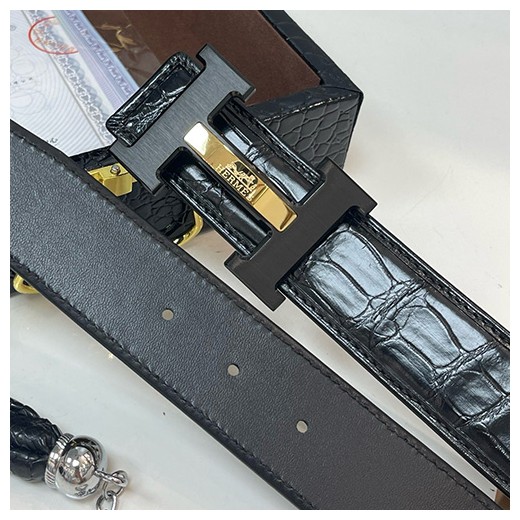 [홍콩명품.Hermes] 에르메스 24SS 로고 레더 악어가죽 벨트 (블랙-금장), 3.8cm, BT1338, BE, 명품레플리카,인터넷쇼핑몰,남자명품,해외직구