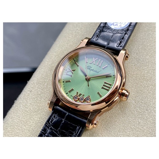 [홍콩명품시계.CHOPARD] 쇼파드 HAPPY DIAMONDS 쿼츠 시계 여성, 그린 다이얼 30MM, 블랙 가죽 밴드
