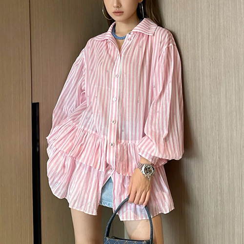 [홍콩명품.CHANEL] 샤넬 25SS 로고 패턴 여성 스트라이프 블라우스 셔츠 (2컬러), BM19556, PG, 홍콩명품의류,구매대행,온라인명품