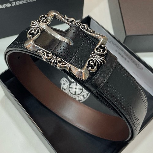 [홍콩명품.Chrome Hearts] 크롬하츠 25SS 로고 925실버 버클 레더 가죽 벨트, 3.4cm, BT1414, BRB, 명품레플리카,인터넷쇼핑몰,남자명품,해외직구