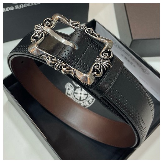 [홍콩명품.Chrome Hearts] 크롬하츠 25SS 로고 925실버 버클 레더 가죽 벨트, 3.4cm, BT1414, BRB, 명품레플리카,인터넷쇼핑몰,남자명품,해외직구
