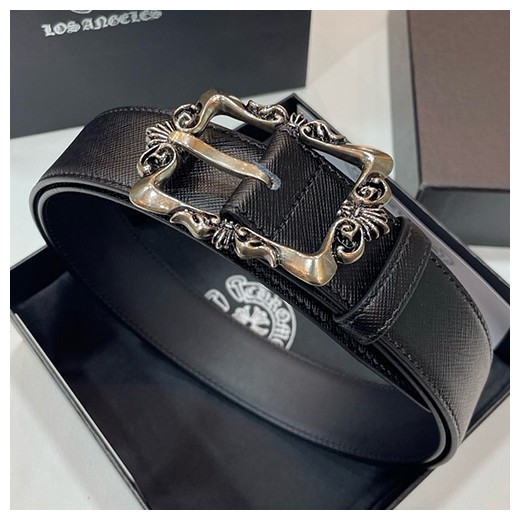 [홍콩명품.Chrome Hearts] 크롬하츠 25SS 로고 925실버 버클 레더 가죽 벨트, 3.4cm, BT1418, BRB, 명품레플리카,인터넷쇼핑몰,남자명품,해외직구