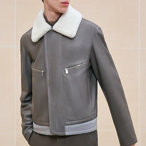 [홍콩명품.Hermes] 에르메스 25SS 로고 시어링 레더 가죽 자켓 (그레이), BM20074, TOM, 홍콩명품의류,구매대행,온라인명품