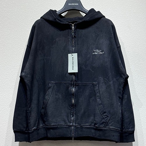 [홍콩명품.BALENCIAGA] 발렌시아가 25SS 로고 자수 워싱 후드 집업 자켓 (블랙), BM20270, KB, 홍콩명품의류,구매대행,온라인명품