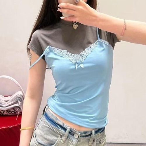 [홍콩명품.ACNE STUDIO] 아크네스튜디오 25SS 로고 여성 2톤 반팔 티셔츠 (스카이블루-브라운), BM20427, 13C, 홍콩명품의류,구매대행,온라인명품