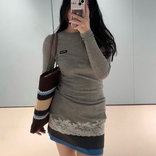 [홍콩명품,MIU MIU] 미우미우 25SS 로고 여성 레이스 장식 긴팔 원피스 (그레이), BM20434, 13C, 홍콩명품의류,구매대행,온라인명품