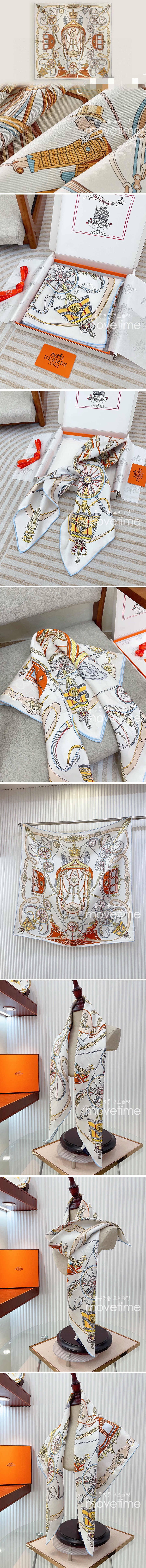 [홍콩명품.Hermes] 에르메스 25SS 로고 Gold State Coach 90-90 실크 스카프 머플러 (화이트), ET2883, JX, 홍콩명품의류,구매대행,온라인명품