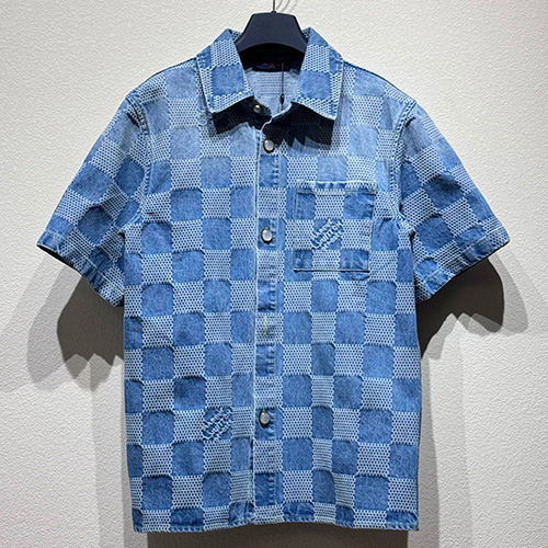 [홍콩명품.LOUIS VUITTON] 루이비통 25SS 로고 다미에 데님 반팔 남방 셔츠 + 데님 쇼츠 반바지 상하의 세트, BM20735, KB, 홍콩명품의류,구매대행,온라인명품