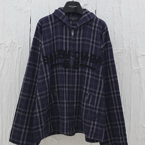 [홍콩명품.BALENCIAGA] 발렌시아가 25SS 로고 체크패턴 후드 집업 셔츠 자켓 (블루), BM20746, KB, 홍콩명품의류,구매대행,온라인명품