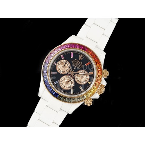 [홍콩명품시계.ROLEX] 로렉스 롤렉스 데이토나 화이트 세라믹 케이스 레인바우 다이아몬드 베젤 블랙 다이얼