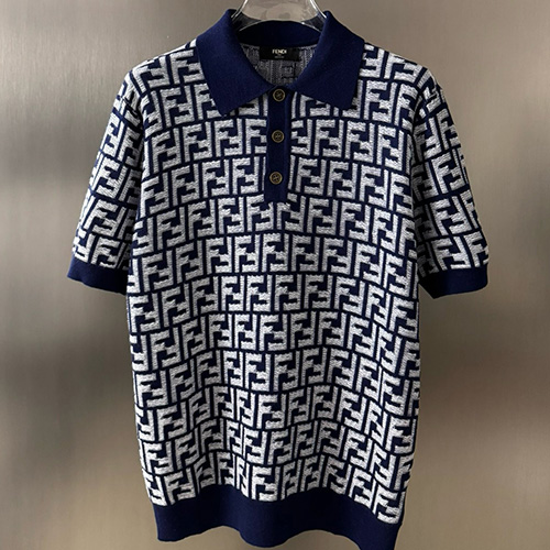 [홍콩명품,FENDI] 펜디 25SS 로고 FF패턴 카라 폴로 니트 반팔 티셔츠 (네이비), BM20905, JU, 홍콩명품의류,구매대행,온라인명품