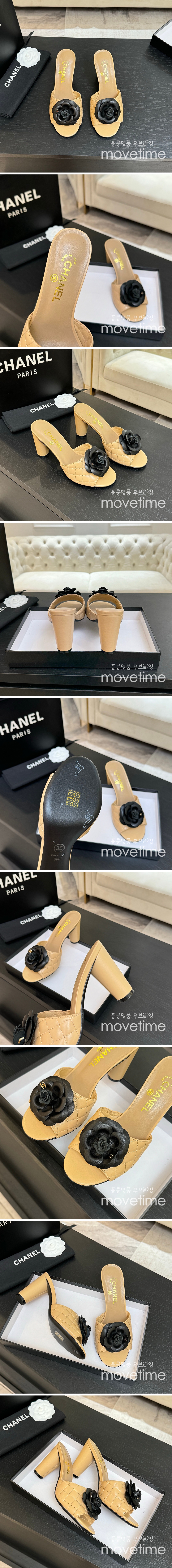 [홍콩명품.CHANEL] 샤넬 25SS 로고 여성 플라워 장식 레더 가죽 퀄팅 굽 샌들 (베이지), SE5117, GHS, 명품스니커즈,운동화,구두,로퍼,하이탑,신발