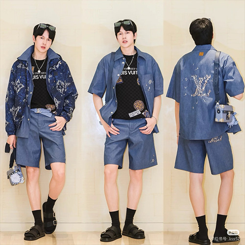 [명품레플리카.LOUIS VUITTON] 루이비통 25SS 로고 데님 반팔 남방 셔츠 + 데님 쇼츠 반바지 상하의 세트, BM21224, KB, 홍콩명품의류,구매대행,온라인명품
