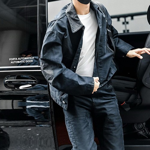 [홍콩명품,PRADA] 프라다 25SS 삼각로고 데님 카라 자켓 + 오버핏 데님 팬츠 진 청바지 상하의 세트 (네이비), BM21276, JL, 명품레플리카,미러급,온라인쇼핑몰사이트