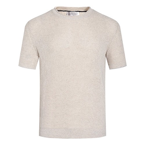 [홍콩명품.Brunello Cucinelli ] 브루넬로 쿠치넬리 25SS 로고 니트 반팔 티셔츠 (베이지), BM21446, JU, 명품레플리카,미러급,온라인쇼핑몰사이트