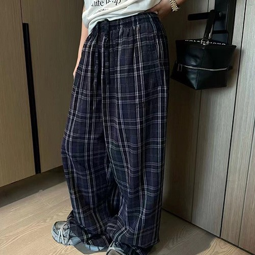 [홍콩명품.BALENCIAGA] 발렌시아가 25SS 로고 체크패턴 오버핏 팬츠 바지 (네이비), BM21486, JU, 명품레플리카,미러급,온라인쇼핑몰사이트