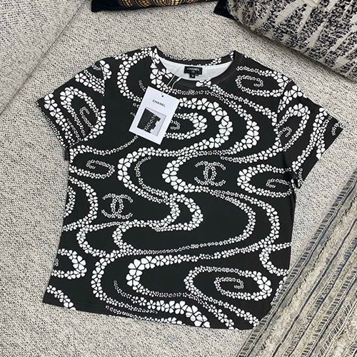 [홍콩명품.CHANEL] 샤넬 25SS 로고 패턴 여성 반팔 티셔츠 (블랙), BM21499, JU, 명품레플리카,미러급,온라인쇼핑몰사이트