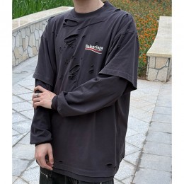 [가격문의][홍콩명품.BALENCIAGA] 발렌시아가 25SS 웨이브로고 프린트 빈티지 2톤 긴팔 티셔츠 (네이비), BM21515, JL, 명품레플리카,미러급,온라인쇼핑몰사이트