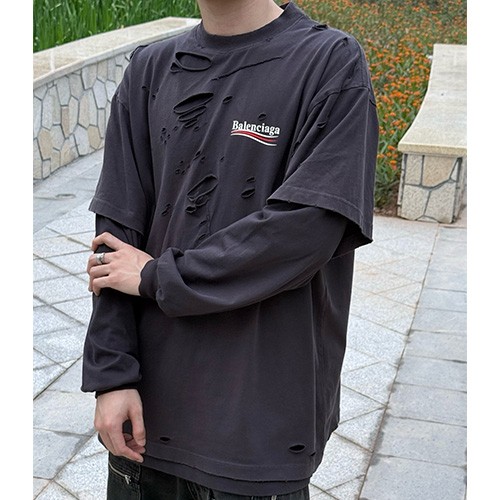 [홍콩명품.BALENCIAGA] 발렌시아가 25SS 웨이브로고 프린트 빈티지 2톤 긴팔 티셔츠 (네이비), BM21515, JL, 명품레플리카,미러급,온라인쇼핑몰사이트