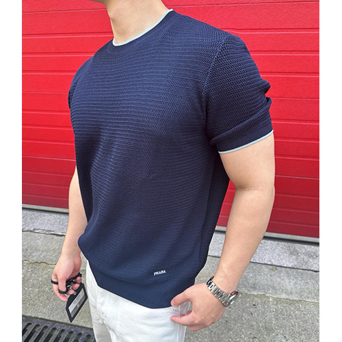 [홍콩명품,PRADA] 프라다 25SS 로고 니트 반팔 티셔츠 (네이비), BM21641, JL, 홍콩명품가방,명품쇼핑몰,크로스백,핸드백,구매대행