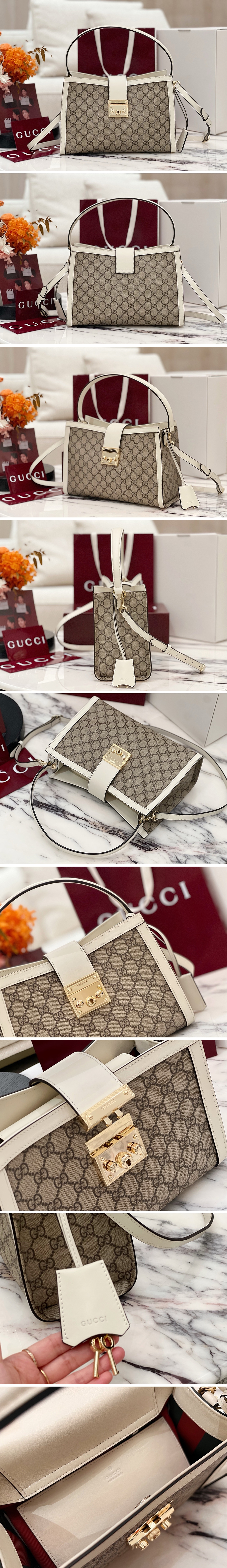 [홍콩명품.Gucci] 구찌 25SS 로고 패드록 미디엄 탑 핸들 핸드백 베이지 화이트 GG 패브릭 838992, BGM5041, GU2, 홍콩명품가방,명품쇼핑몰,크로스백,핸드백,구매대행