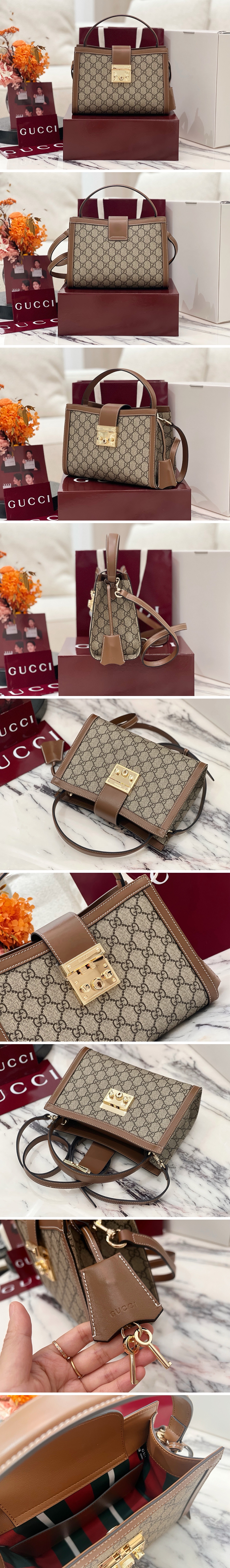 [홍콩명품.Gucci] 구찌 25SS 로고 패드록 미디엄 탑 핸들 핸드백 베이지 브라운 GG 패브릭 838992, BGM5043, GU2, 홍콩명품가방,명품쇼핑몰,크로스백,핸드백,구매대행