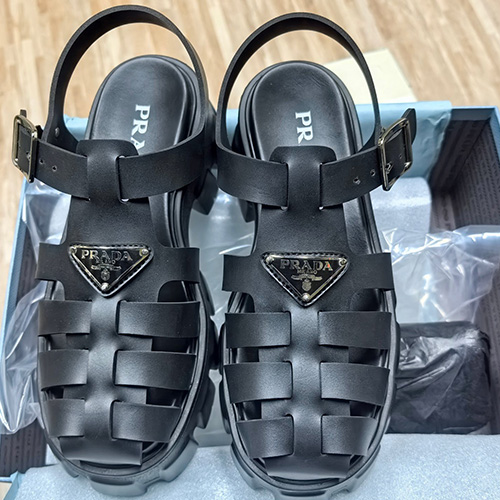 [홍콩명품,PRADA] 프라다 25SS 삼각로고 여성 레더 가죽 슬리퍼 샌들 (블랙), SE5409, ALW, 명품스니커즈,운동화,구두,로퍼,하이탑,신발