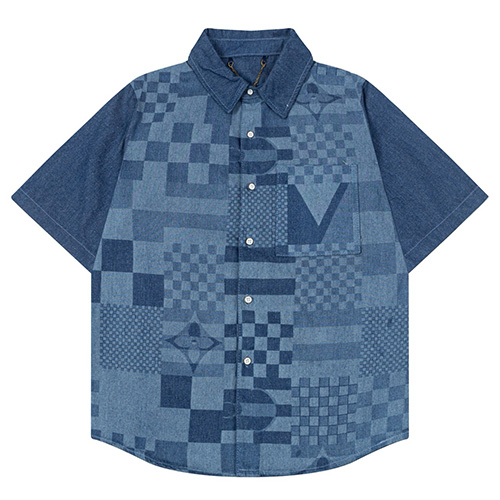 [홍콩명품.LOUIS VUITTON] 루이비통 25SS 로고 다미에 데님 반팔 남방 셔츠 + 쇼츠 반바지 상하의 세트, BM22008, 레플리카의류,미러급사이트