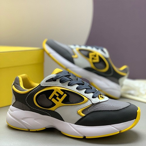 [홍콩명품,FENDI] 펜디 25SS 로고 남여 레더 가죽 스니커즈 운동화 (그레이-노랑), SE5483, PMD, 명품스니커즈,운동화,구두,로퍼,하이탑,신발