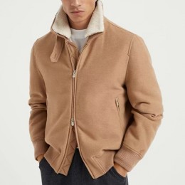 [홍콩명품.Brunello Cucinelli ] 브루넬로 쿠치넬리 25SS 로고 캐시미어 시어링 봄버 자켓 (카라멜), BM22372, SS, 레플리카의류,미러급사이트