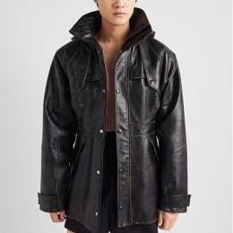 [홍콩명품,PRADA] 프라다 25SS 로고 레더 가죽 후드 코트 자켓 (블랙), BM22381, TOM, 레플리카의류,미러급사이트