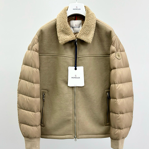 [홍콩명품.MONCLER] 몽클레어 25SS 로고 시어링 레더 가죽 레이어드 다운 패딩 자켓 (카라멜), BM22753, HH, 레플리카의류,미러급사이트