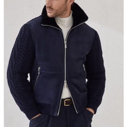 [홍콩명품.Brunello Cucinelli ] 브루넬로 쿠치넬리 25SS 로고 레더 가죽 레이어드 봄버 자켓 (네이비), BM22797, TOM, 레플리카의류,미러급사이트