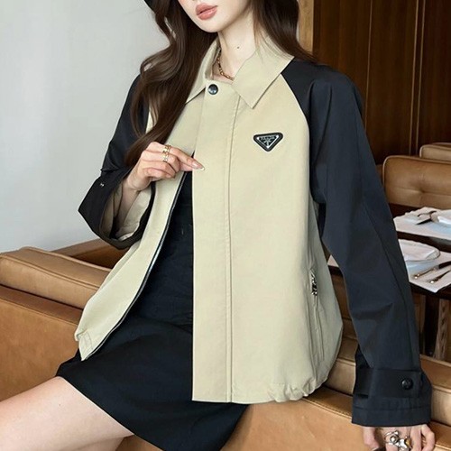 [홍콩명품,PRADA] 프라다 25SS 삼각로고 여성 카라 자켓 (베이지-블랙), BM23295, MC, 레플리카의류,미러급사이트