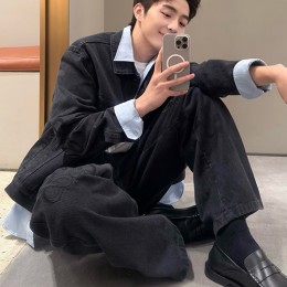 [홍콩명품.LOEWE] 로에베 25SS 로고 데님 카라 자켓 + 데님 팬츠 진 청바지 상하의 세트 (블랙), BM23559, KB, 레플리카의류,미러급사이트