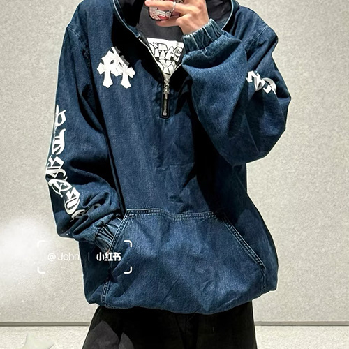 [홍콩명품.Chrome Hearts] 크롬하츠 25SS 로고 하프지퍼 데님 후드 티셔츠, BM23562, KB, 레플리카의류,미러급사이트