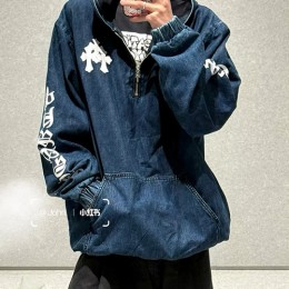 [홍콩명품.Chrome Hearts] 크롬하츠 25SS 로고 하프지퍼 데님 후드 티셔츠, BM23562, KB, 레플리카의류,미러급사이트